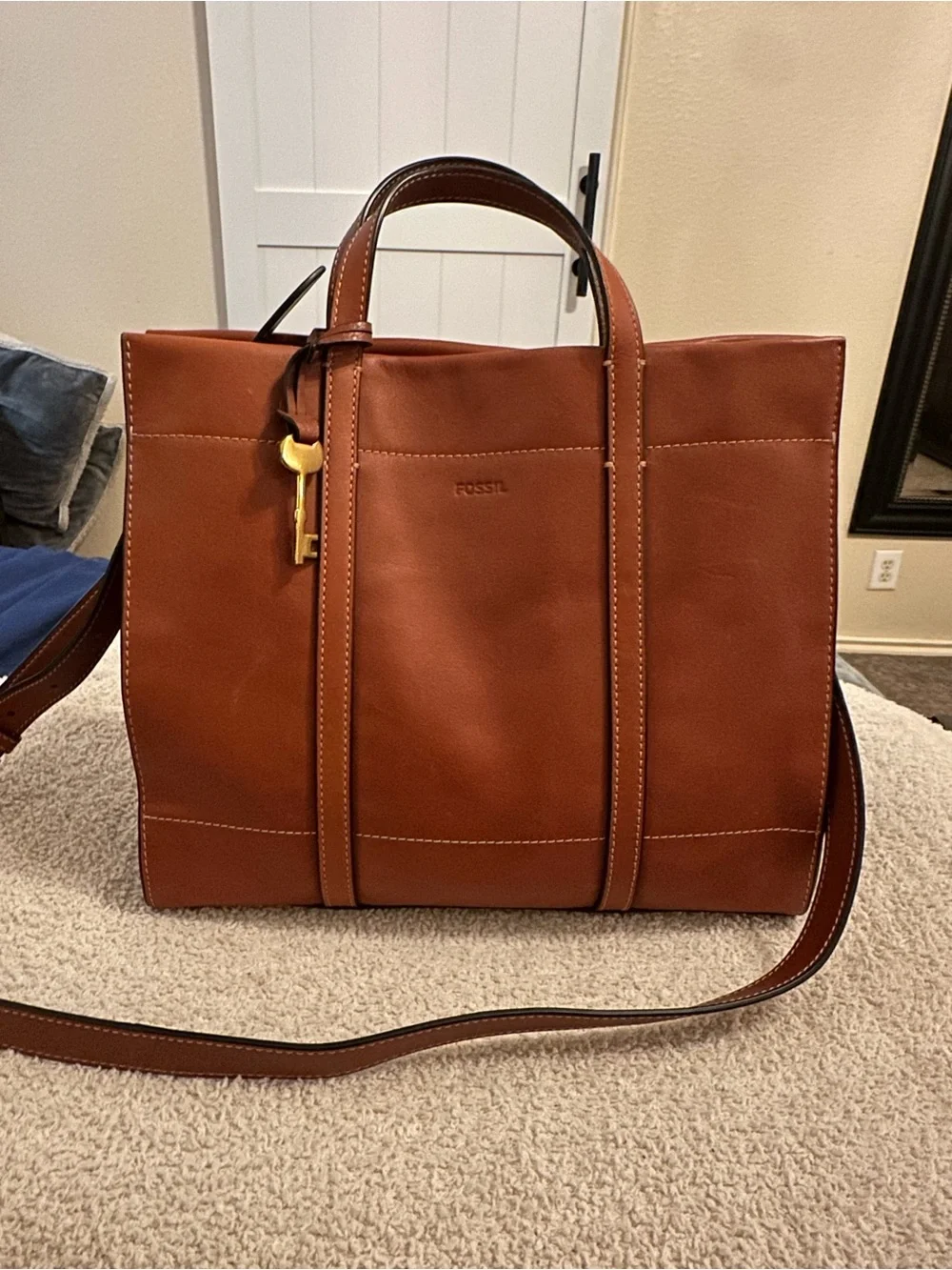 Fossil Carmen Leather Shopper Tote Bag Cognac